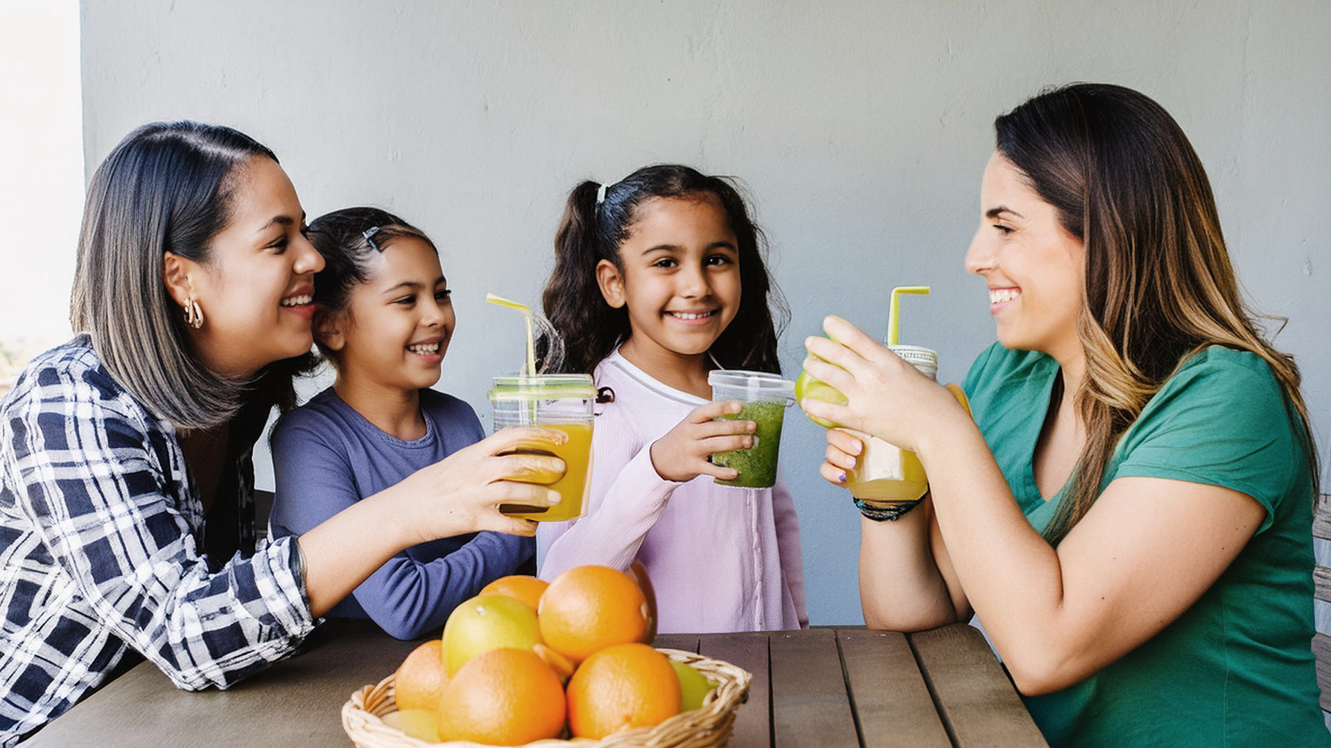 Two Latina moms and their daughters drinking smoothies.