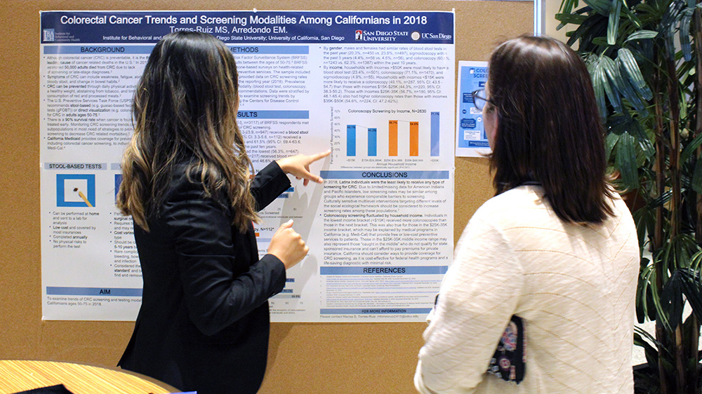 Marisa facing her poster explaining to a female who is also facing the poster.